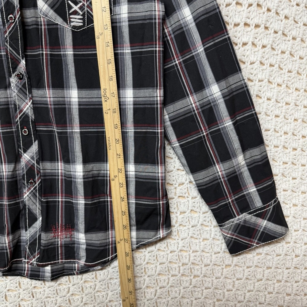Affliction Black Premium Buckle Slim Shirt Mens Sz M Plaid Button Up Embroidery - Picture 5 of 10